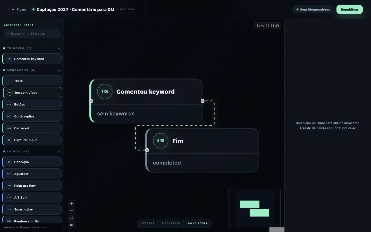 Flow Builder real do ManyLike com gatilho, conexão e etapa final